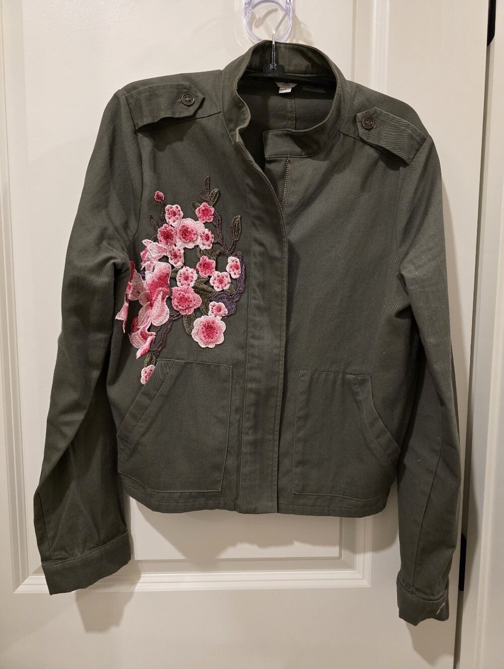 G By Guess Olive Green Utility Jacket with Pink Floral Embroidery
